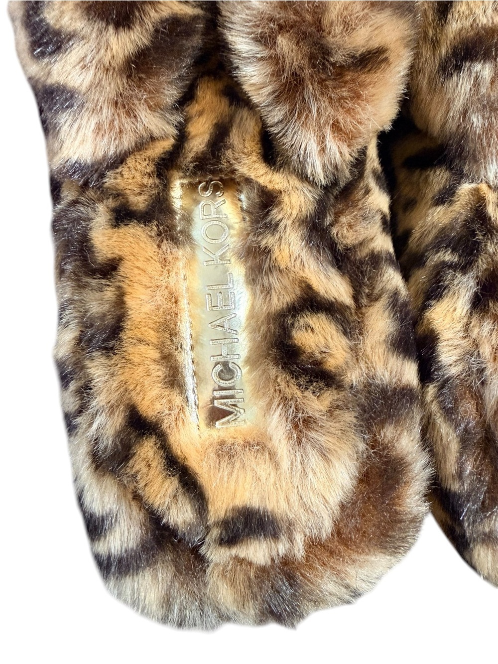 Michael Kors Leopard Faux Fur Slippers Rhinestone MK Logo Size 8M - Picture 8 of 10